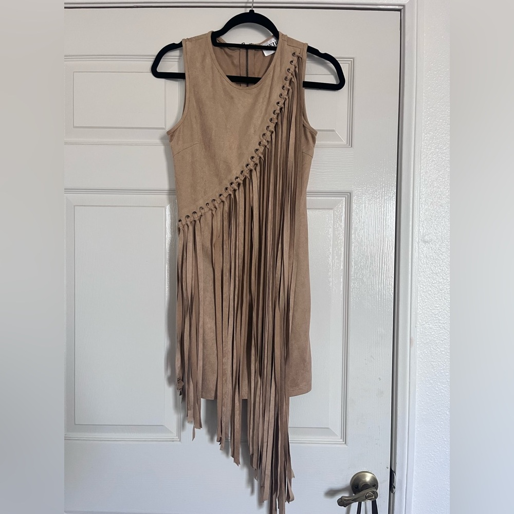 Heiress faux suede like fringe detailed fitted dress